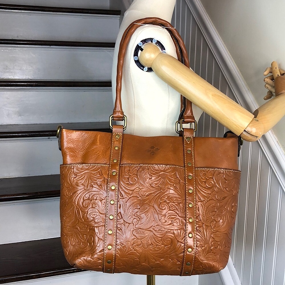 PATRICIA NASH Burnished Tooled Benvenuto Gold Leather Shoulder Bag Tote MINT